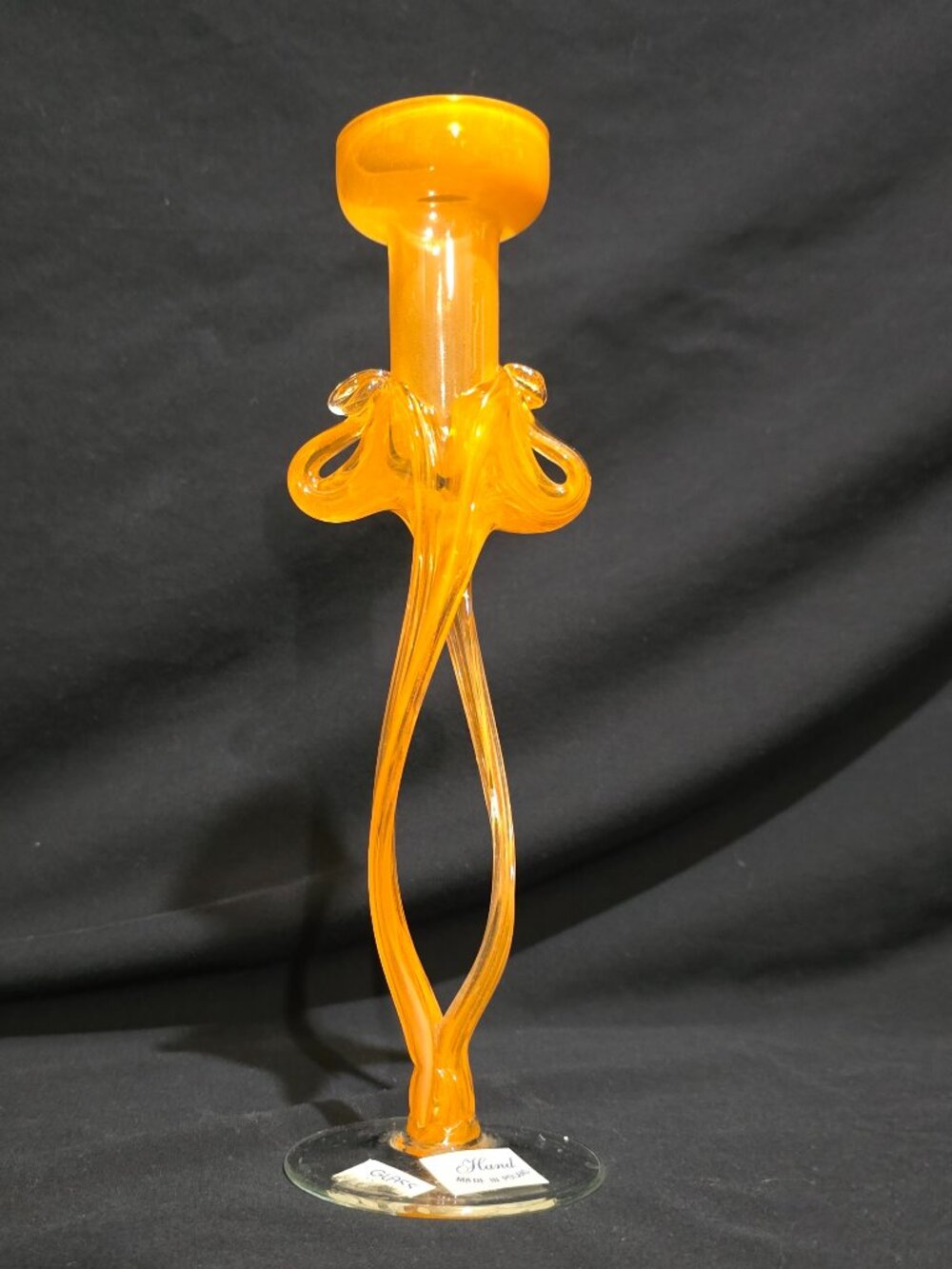Vtg Jozefina Krosno Hand Made Poland Art Glass Orange Clear Candlestick Holder